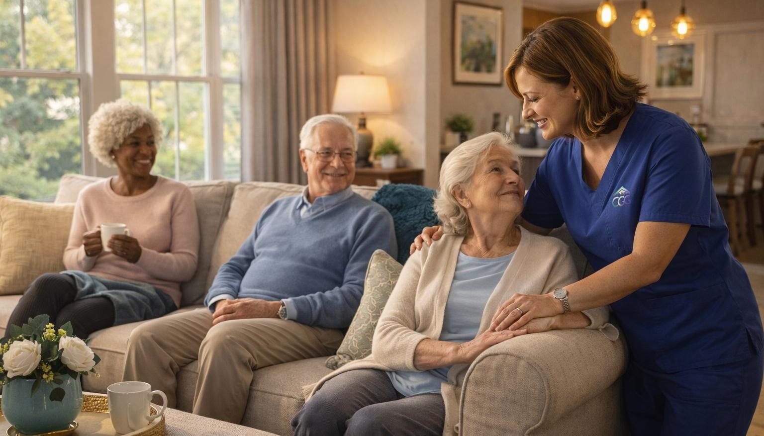 Caregiver with senior resident in a warm residential care home
